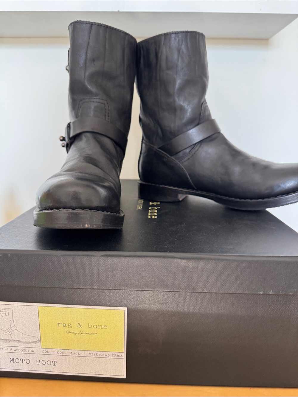 rag & bone Black Leather Mid-Calf Moto Boots